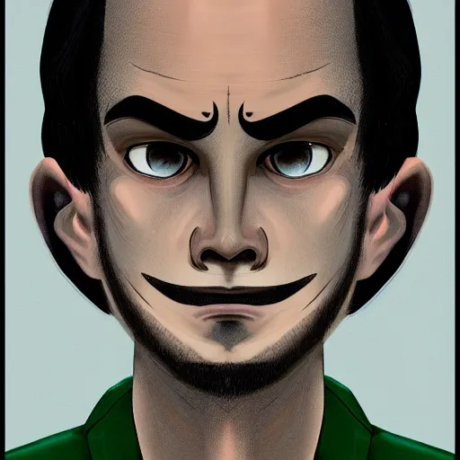 Image similar to young man, long hair, short facial hair, no mustache, dark green eyes, dark eyebrows, light widows peak light facial hair, in the style of junji ito, 8 k, raw, unedited, symmetrical balance, in - frame