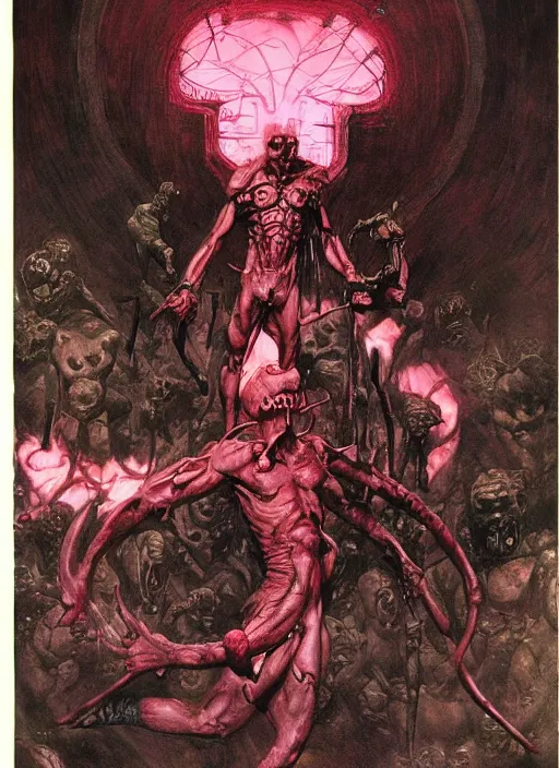 Image similar to pinky demon from doom, dynamic action, by lawrence alma tadema and zdzislaw beksinski and norman rockwell and jack kirby and tom lovell and greg staples, arstation doom concept art