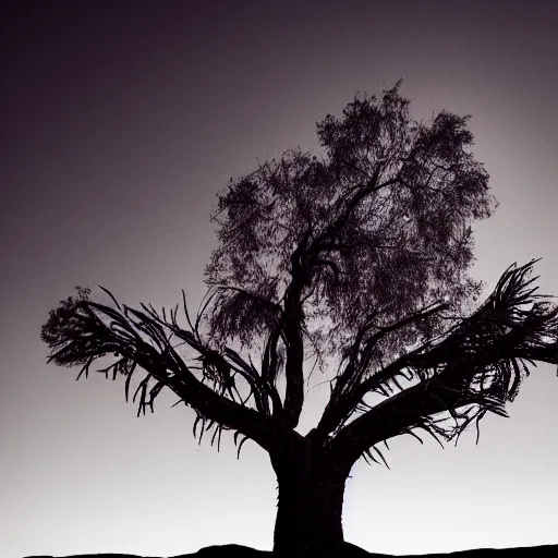 Prompt: photo of a burning tree in the middle of the desert, cinematic photography, dramatic setting