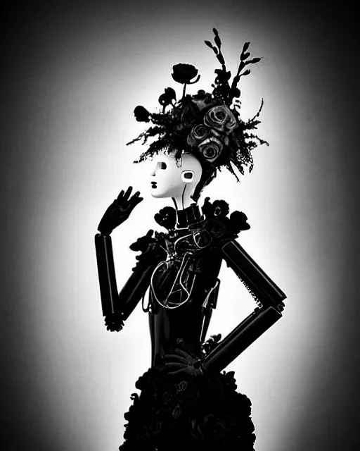 Image similar to dreamy surreal poetic black and white photo of a beautiful young bio-mechanical-female-cyborg-plant-plastic-robot with a very long neck and a super big gothic lace collar and a very high big floral crown with many black dry roses by Vivienne Westwood:: smoke, high fashion, haute couture, rococo, avant-garde, elegant, dreamy, hyper realistic, 150 mm lens, soft rim light, octane render, unreal engine, picture was taken in 1910 by Dora Maar, volumetric lighting, dramatic light,8k,