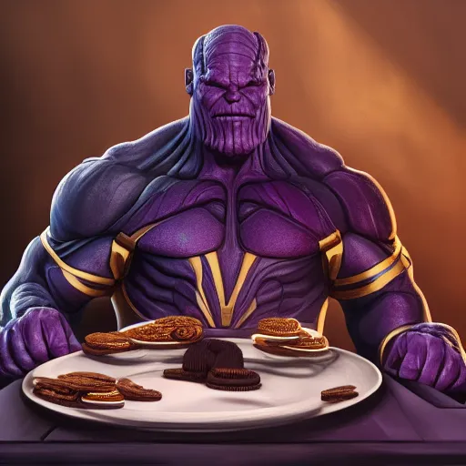 Prompt: Thanos sitting down at a table eating Oreos, hyperdetailed, artstation, cgsociety, 8k