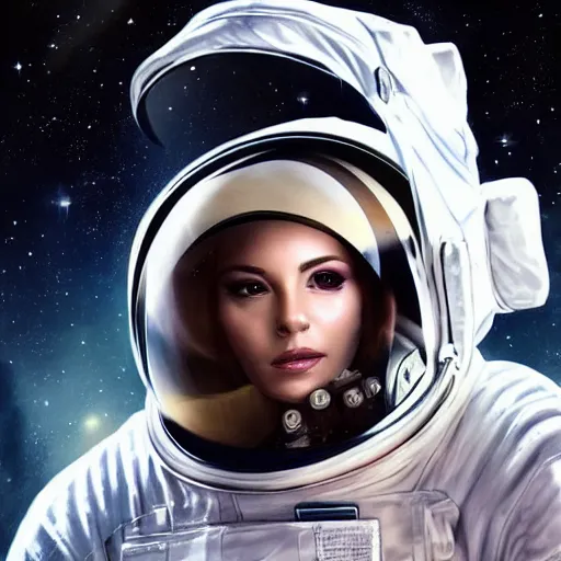 Image similar to portrait of an astronaut with a beautiful woman in the reflection on the helmet, dreamy, concept art, highly detailed, trending on art station, dreamy lighting, beautiful