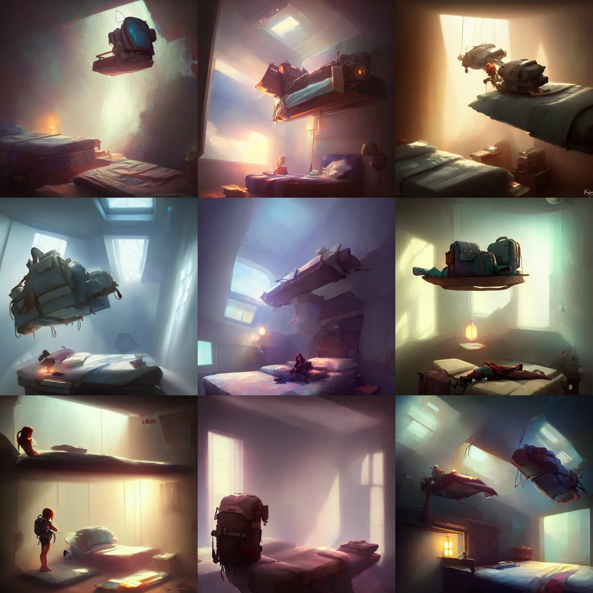 Prompt: a magical backpack on top of the bed in a futuristic room by krenz cushart, fantasy, dramatic light