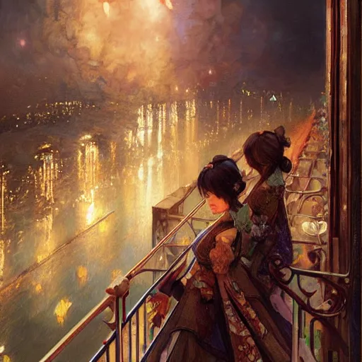 Image similar to a beautiful realistic painting of a firework festival on a balcony at night, intricate, elegant, highly detailed, digital painting, artstation, nier automata concept artsyle, by krenzcushart, artem demura, makoto shinkai, alphonse mucha