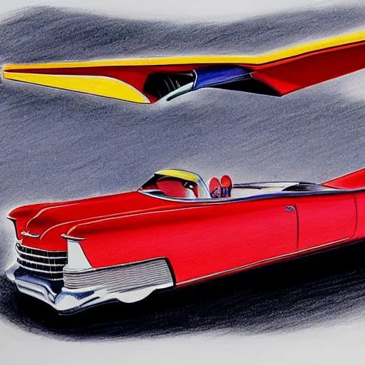 Image similar to a color pencil product design drawing of a 5 0 s flying cadillac car with plane wings