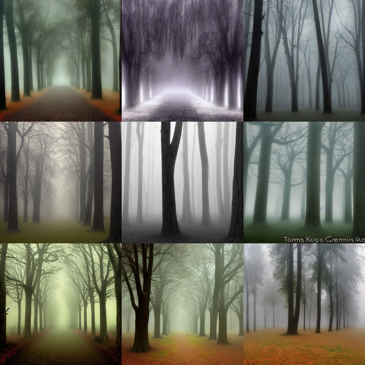 Prompt: a spooky grove of trees by thomas kinkade, foggy, eerie