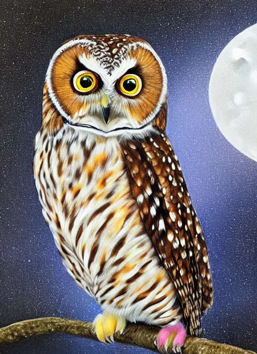 Prompt: realistic portrait beautiful painting of japanese owl, colorful bird feathers, background moon. full body, fine art, trending on artstation, smooth draw, sharp focus, digital art, bright colors, fine draw, perfect lighting, high render, high resolution.