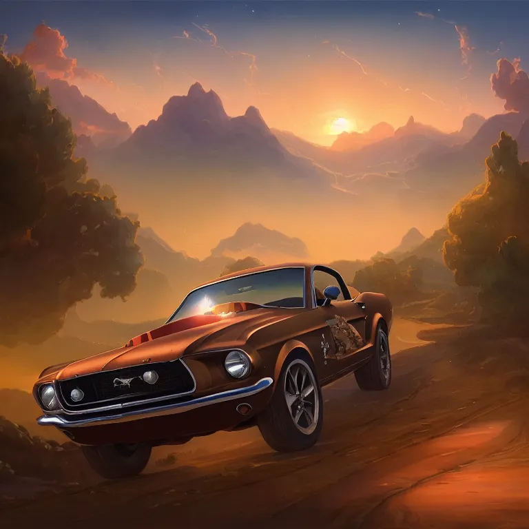 Image similar to long shot camera angle of a 1 9 6 8 mustang driving down a country road landscape, coriolios rpg art style, full of details, warm sunset colors, matte painting, artstation, 8 k, hyperrealistic, style of peter mohrbacher, album cover