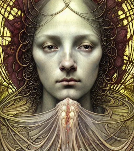 Image similar to detailed realistic beautiful young medieval alien queen face portrait by jean delville, gustave dore and marco mazzoni, art nouveau, symbolist, visionary, gothic, pre - raphaelite. horizontal symmetry by zdzisław beksinski, iris van herpen, raymond swanland and alphonse mucha. highly detailed, hyper - real, beautiful