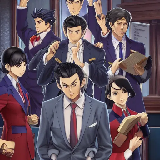 Image similar to phoenix wright on the supreme court, by hayao miyazaki and yusuke murata and makoto shinkai and ross tran, intricate detail, cinematic, 8 k, cel shaded, unreal engine, featured on artstation, pixiv