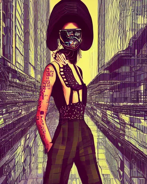 Image similar to cypherpunk fashion illustration, camera face, city street background with high tall buildings, abstract portrait highly detailed, finely detailed