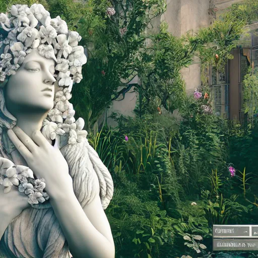 Image similar to an idealistic marble statue with flowery hair in a fractal garden, unreal engine, 8k render, beautiful, full frame,