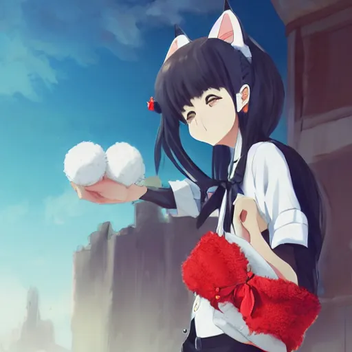 Prompt: anime woman with fluffy cat ears holding a bag of sugar, a little boy wearing white shirt and red tie, digital artwork, in the style of krenz cushart y eddie mendoza and tyler edlin
