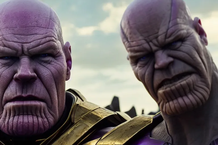 Prompt: promotional image of bald Bryan Cranston as Thanos in Avengers: Endgame (2019), purple skin color, golden plate armor, stern expression, movie still frame, promotional image, imax 70 mm footage