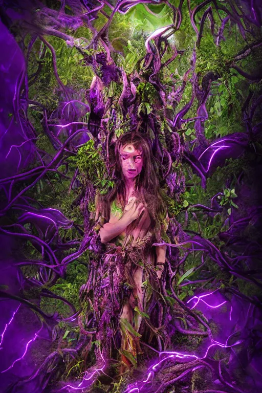 Prompt: Shaman of the purple forest, neon cloak, mycelium, fungi, vines, ultradetailed, volumetric lighting, 4k UHD, film poster.