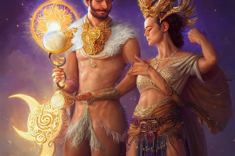 Image similar to close up moment of a divine a sun god and a moon goddess lovers magician at a wedding banquet, highly detailed, d & d, fantasy, highly detailed, digital painting, trending on artstation, concept art, sharp focus, illustration, art by artgerm and greg rutkowski and magali villeneuve