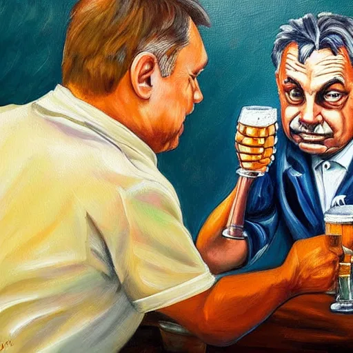 Prompt: viktor orban drinking beer, anatomically correct, oil painting, highly detailed