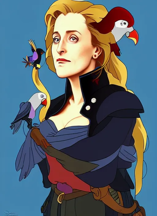 Prompt: cute gillian anderson as a pirate wearing black. parrot on his shoulder, natural lighting, path traced, highly detailed, high quality, digital painting, by don bluth and ross tran and studio ghibli and alphonse mucha, artgerm