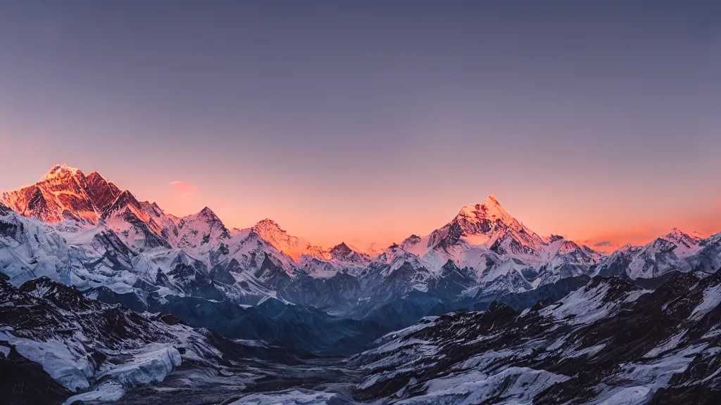 Image similar to sunset moody picture of the Himalayan mountain range with a large McDonalds restaurant ilocated on a glacier in the front middle of the picture, landscape photography