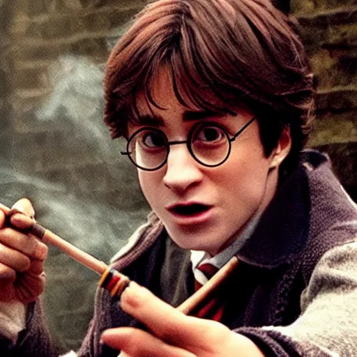 Image similar to Harry Potter smoking a blunt, cinematic