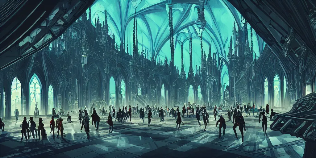 Prompt: cel shaded cinematic shot of the interior of a sci-fi space station with ornate Elven architecture bustling with people and flying cars, epic castle, gothic architecture, emerald, crystalline, detailed illustration, sharp focus, concept art