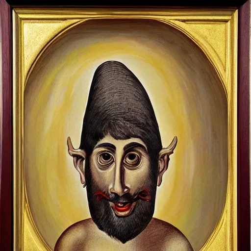 Image similar to portrait of ancient silly greek man with big eyes and sharp nose. fine detail. artistic painting by lurid