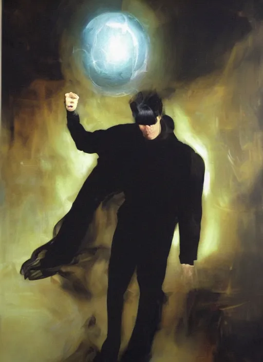 Image similar to zak bagans enamored by a glowing orb, scientific equipment, ghostly!!!, painting by phil hale, fransico goya,'action lines '!!!, graphic style, visible brushstrokes, motion blur, blurry, visible paint texture, crisp hd image