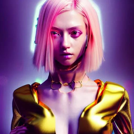 Image similar to hyperdetailed portrait of a stunningly beautiful cyberpunk cutie european girl with blonde hair guard made of iridescent metals and shiny pink gems, bright rainbow nimbus, gold necklace, gold background inspired by ross tran and masamune shirow and kuvshinov, intricate, photorealistic, octane render, rtx, hdr, unreal engine, dnd digital art by artgerm