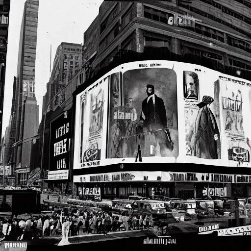 Prompt: the assassination of abraham lincoln in time square in 1 7 5 0 propaganda billboards american flags by emanuel luetze