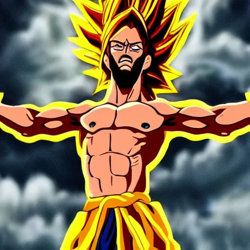 Image similar to jesus Christ on the cross going super saiyan, glowing, highly detailed, anime