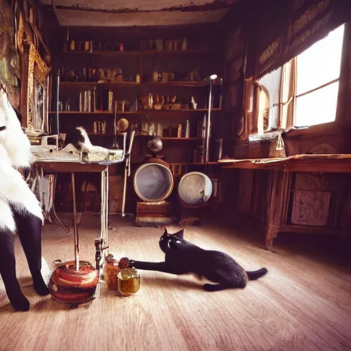 Image similar to a full body protrait beautifull witch with white hair in old room. A cristal ball on a wood table with a potions and old instruments. A cat on the floor licking his paw. photorealistic, profesional photo, by Steve McCurry