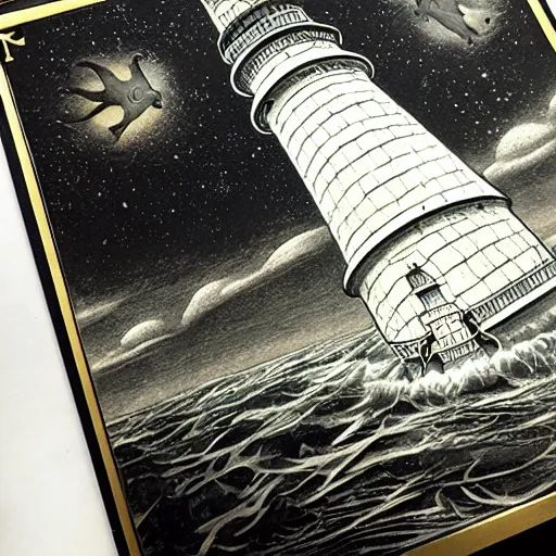 Image similar to bleak lighthouse, black paper, white ink, I, Renaissance style golden border, As above so below, tarot card, intricate design, 3d relief, insanely detailed, illustrated by Charlie Bowater and Donato Giancola, Major arcana