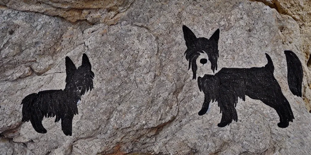 Image similar to A Yorkshire Terrier drawn on the stone of a cave, a petrogliph, art by Pueblan peoples, stone art