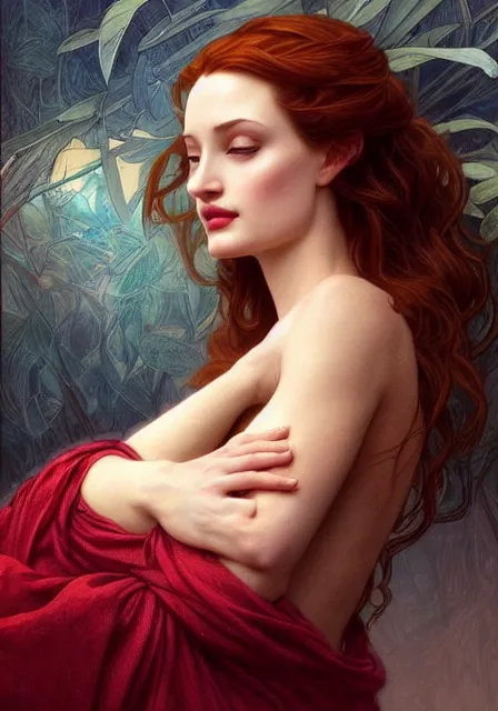 Image similar to sansa angeline jolie, intricate, elegant, highly detailed, digital painting, artstation, concept art, smooth, sharp focus, illustration, art by artgerm and greg rutkowski and alphonse mucha and william - adolphe bouguereau