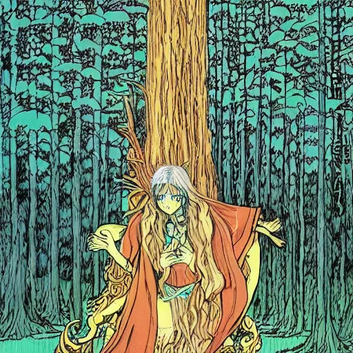 Prompt: illustration of a magical tribal sorceress on a huge majestic stag in a forest by hayao miyazaki and jean giraud moebius