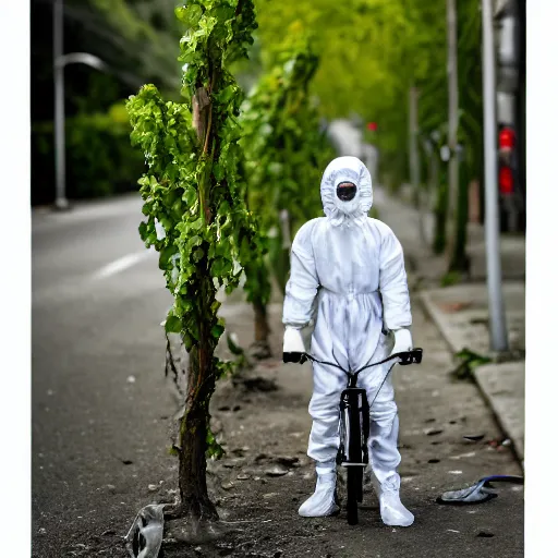 Image similar to a photo of a boy wearing a hazmat suit, riding a bike, side-view, smoke in the background, filthy streets, broken cars. Vines growing. Jpeg artifacts. Full-color photo. 4K UHD. Color color color color color. Award-winning photo. Samyang/Rokinon Xeen 50mm T1.5