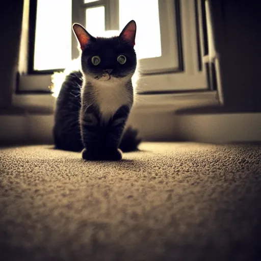 Prompt: cute cat with stumpy tiny legs, view from floor, cinematic lighting