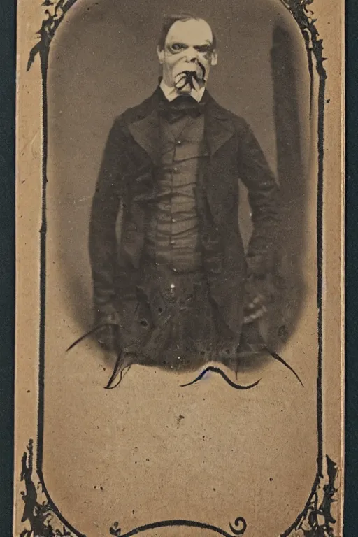 Image similar to cabinet card of creepy mutant monster victorian gentleman, scary, nightmare, horror