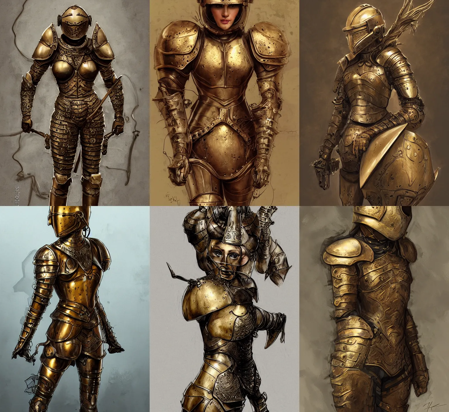 Prompt: amy yasbeck, in thick full bronze armour, open faced bronze helmet, full body, porcelain highlighted skin, detailed face, bulging muscles, flowy hair, passionate pose, intricate, elegant, sharp focus, highly detailed linework, trending on artstation, by rembrandt, by enki bilal