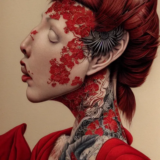 Image similar to ultra realistic illustration, beautiful woman dressed in red kimono, backview, tattoos, in the style of gerald brom by weta digital and beth cavener, high face symmetry, intricate, masterpiece, award winning, high face symmetry, intricate