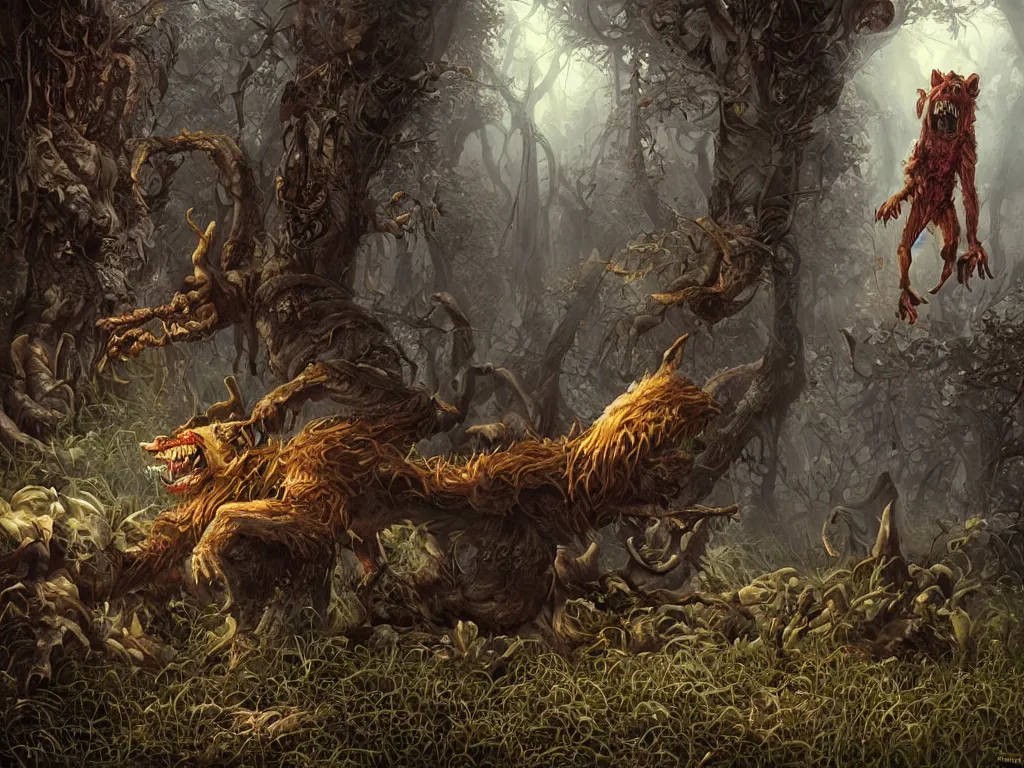 Image similar to Drunk mad mushroom-werewolf. Photorealistic, lifelike, Unreal Engine, sharp, detailed, 8K, by Gerald Brom, Dan Mumford, Stephan Martiniere