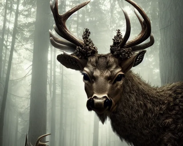 Prompt: 5 5 mm portrait photo of an armored demonic deer with antlers, in a magical forest looking at the camera. dark atmosphere. art by greg rutkowski. highly detailed 8 k. intricate. lifelike. soft light. nikon d 8 5 0.