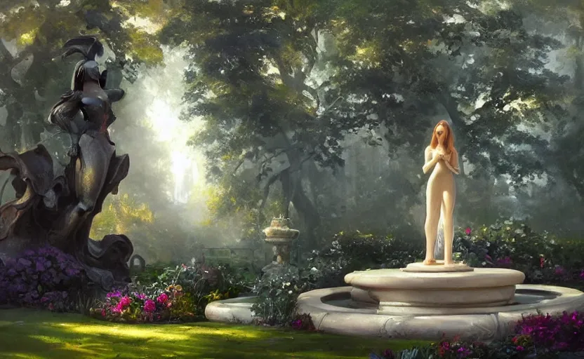 Image similar to The kneeling statue of a woman in a beautiful garden, next to a fountain and a mystical palace, and all this in a foggy and mysterious atmosphere. Fantasy and concept art by Konstantin Razumov.