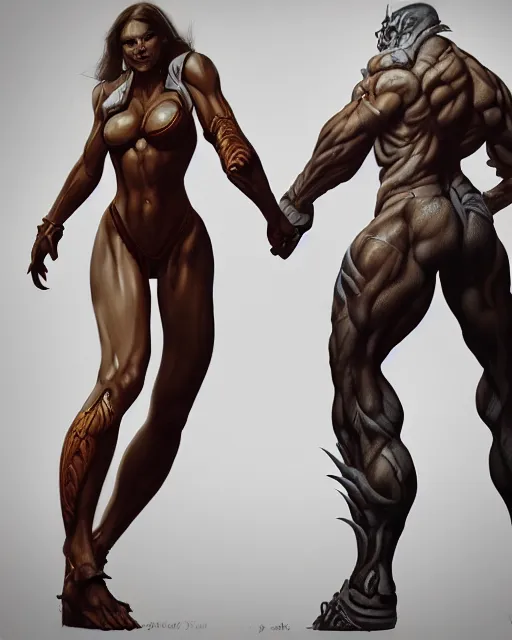 Image similar to female athletic body type and male warrior strong body type holding each other close by Boris Vallejo, moody, character design concept art, diablo, warcraft, hard surface, Character design, concept art, fantasycore, Hyperdetailed, Artstation