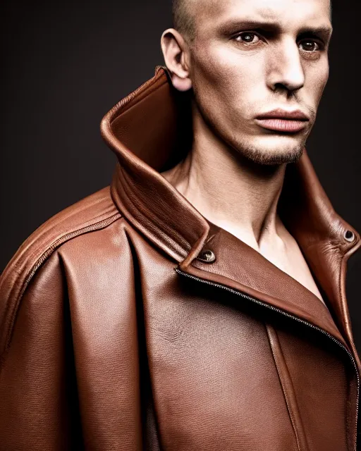 Image similar to a close up award - winning photo of an ancient male model wearing a thick plain cropped extremely baggy pirate designer menswear leather jacket with large a collar designed by alexander mcqueen, 4 k, studio lighting, wide angle lens