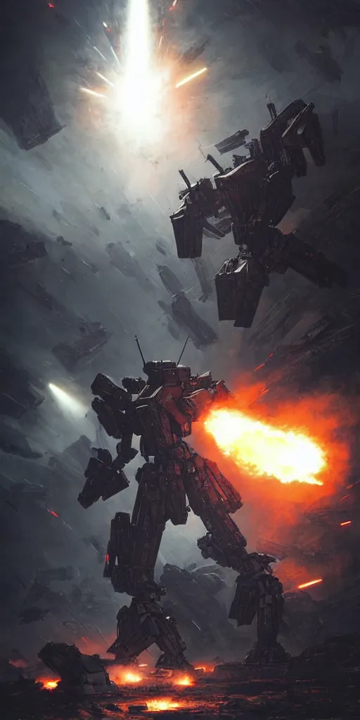 Image similar to an armored core v on the ground, booster flares, legs, laser rifles, karst landscape ; cinematic contrast, dynamic backlighting, sharp edge, motion blur, art by greg rutkowski