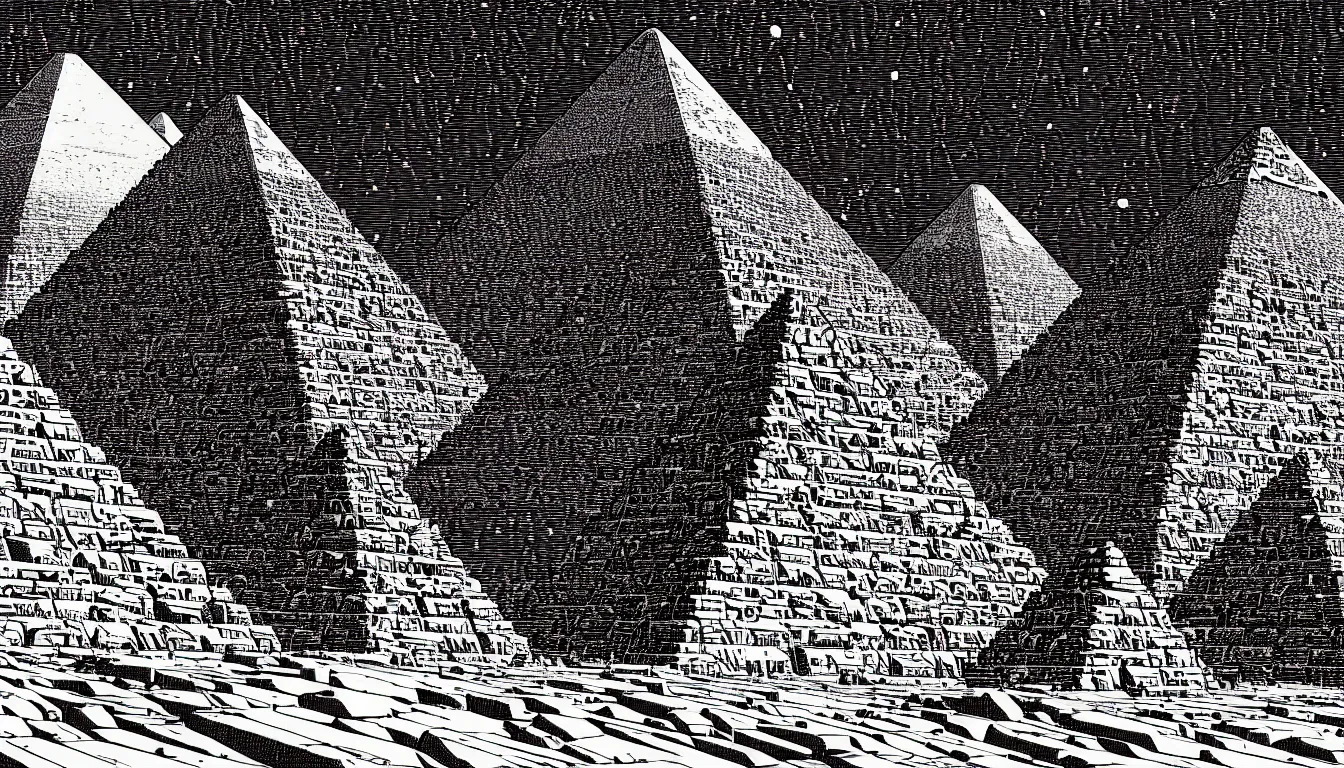 Image similar to pyramids of giza by woodblock print, nicolas delort, moebius, victo ngai, josan gonzalez, kilian eng