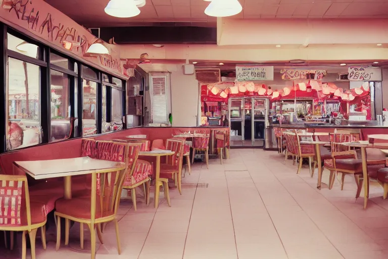 Image similar to 1 9 9 2 watermelon new jersey diner, tables repeat endlessly into the horizon, fruitcore, one point perspective, americana, restaurant interior photography, 5 5 mm