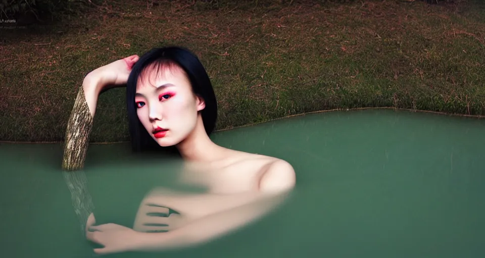Prompt: wide angle closeup shot, flash long exposure photography of asian woman fashion posing in the lake, ren hang playboy photoshoot, digital illustration by ruan jia, sharp focus, high details