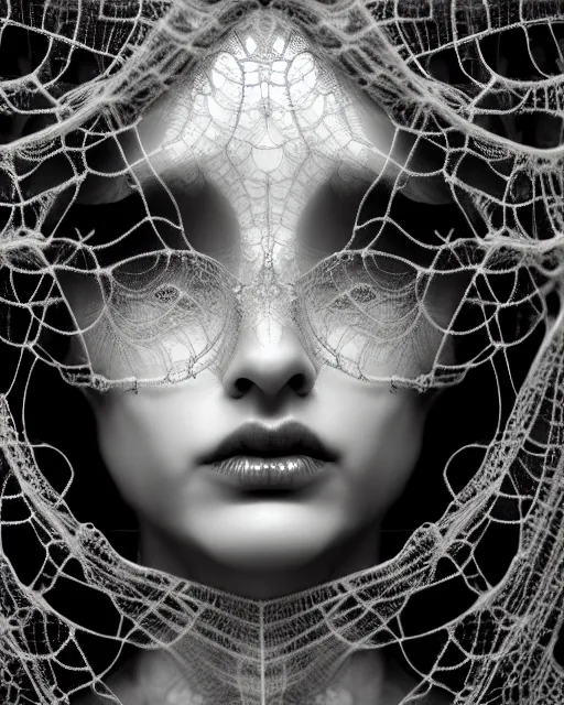 Image similar to surreal mythical dreamy dark artistic black and white fine art photo of a beautiful young female medusa - cyborg covered with lace fish scales and translucent algae, highly detailed, intricate crystal ivy jelly fish scales ornate, lace web, poetic, octane render, 8 k, photo - realistic